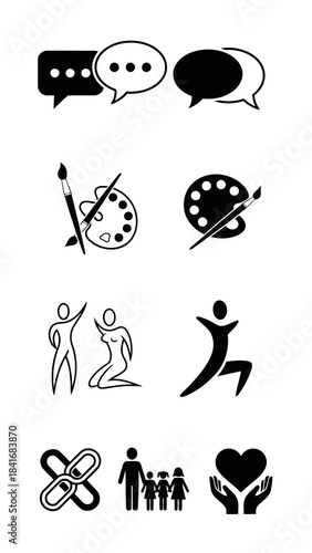 Dialogue art support connection family compassion diverse icon set collection featuring multiple chat bubbles creative tools figures unity and child care black and white vector illustration