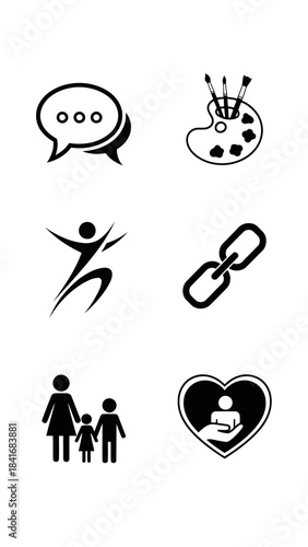 Communication creativity movement connection family welfare essential vector icon collection featuring speech dialogue art supplies fitness figure relationship link and child protection symbols