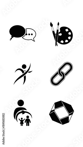 Interaction connection protection and structure vector icons set featuring speech bubble chat art painting supplies abstract dynamic human figure family care and geometric element illustration