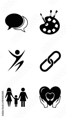 Social connection creativity welfare icons set isolated black silhouette graphics representing freedom link relationship family group and charity protection solid style vector illustration