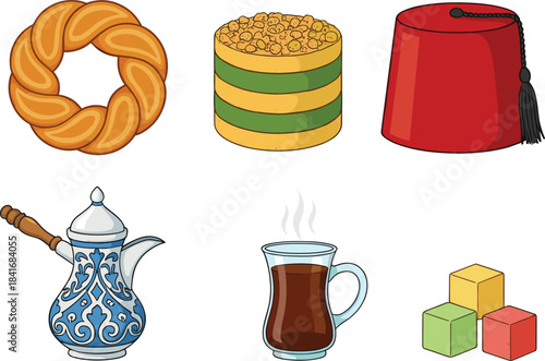 Turkish cultural items illustration set featuring tea glass, cezve pot, sweets, simit, fez hat, and lokum cubes for tradition-themed designs