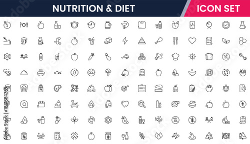 Nutrition and Diet, Healthy Food, and Detox Diet Vector Icons. Contains such Icons as Metabolism, Caunt Calories, Palm oil free, Zero trans fat, Probiotics, and more. Simple Outline icons collection.
