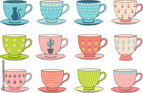 Colorful decorative teacup collection illustration with cute patterns and saucers, perfect for kitchen decor, cafe branding, and cozy artwork