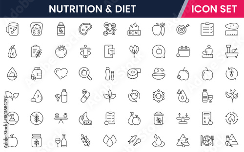 Nutrition and Diet, Healthy Food, and Detox Diet Vector Icons. Contains such Icons as Metabolism, Caunt Calories, Palm oil free, Zero trans fat, Probiotics, and more. Simple Outline icons collection.