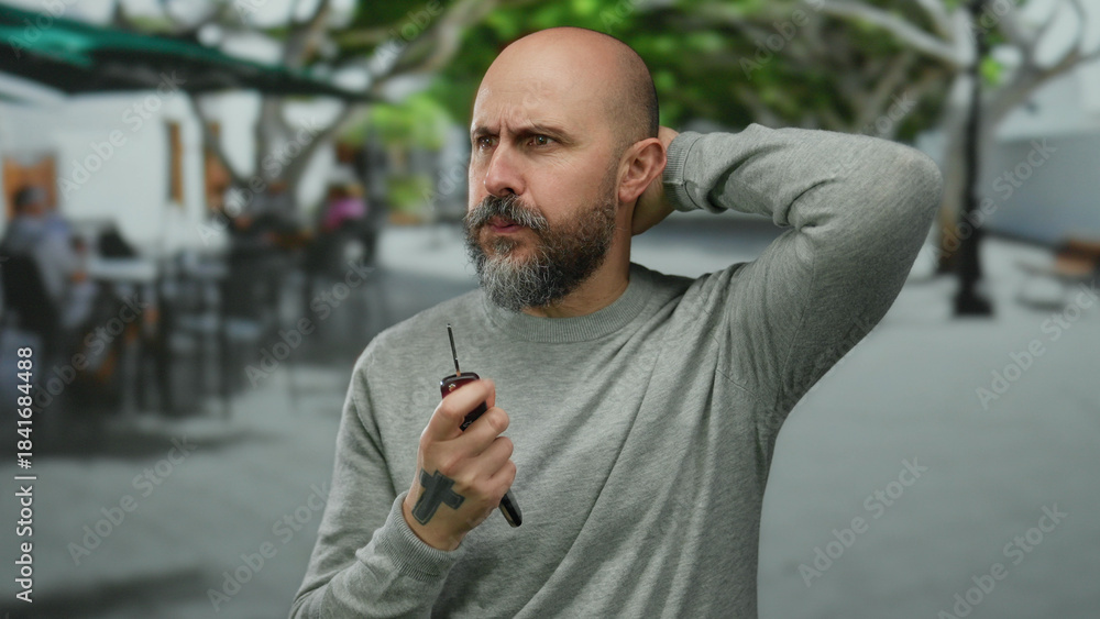 Naklejka premium Man outdoors on urban street, holding car keys with a puzzled expression, wearing a grey sweater, surrounded by blurred city background, evoking curiosity and thoughtfulness.