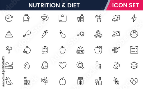 Nutrition and Diet, Healthy Food, and Detox Diet Vector Icons. Contains such Icons as Metabolism, Caunt Calories, Palm oil free, Zero trans fat, Probiotics, and more. Simple Outline icons collection.