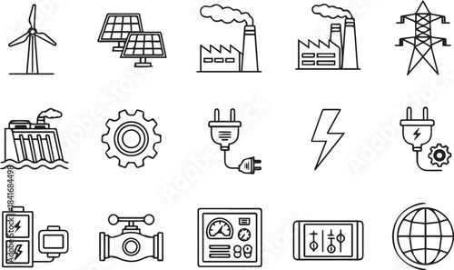 Vector icons set showing silhouettes of people and tools in a simple illustrative design
