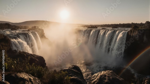 Wallpaper Mural A vast, misty waterfall plunges from rocky cliffs as the sun shines, with a rainbow Torontodigital.ca