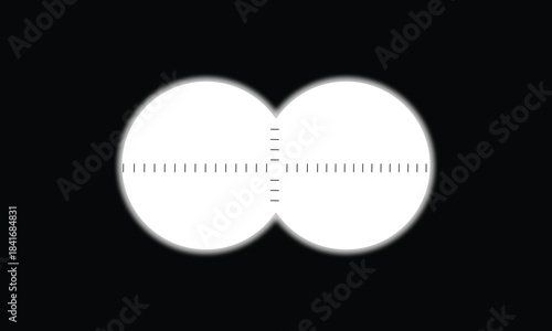 Binocular view with graphic scale and empty viewfinder field. Military, spy, hunting or tourist optical tool for following, magnifying, exploration, searching, investigation. Vector illustration.