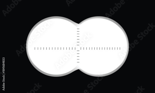 Binocular view with graphic scale and empty viewfinder field. Military, spy, hunting or tourist optical tool for following, magnifying, exploration, searching, investigation. Vector illustration.