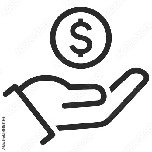 Dollar in Hand icon Money receiving icon with a hand getting a dollar coin as payment representing salary income financial aid or donation for personal finance vector solid glyph icon