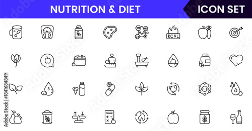 Nutrition and Diet, Healthy Food, and Detox Diet Vector Icons. Contains such Icons as Metabolism, Caunt Calories, Palm oil free, Zero trans fat, Probiotics, and more. Simple Outline icons collection.