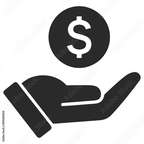 Dollar in Hand icon Money receiving icon with a hand getting a dollar coin as payment representing salary income financial aid or donation for personal finance vector solid glyph icon