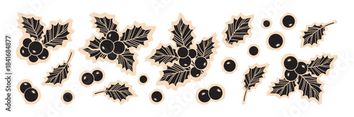 Mistletoe sticker, holly berry and leaves scrapbook. Xmas holiday plant, winter ilex simple paper icon. Christmas fruit branch vintage set isolated on white background. Cartoon vector illustration