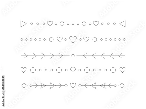 Minimalist heart arrows and dotted decorative border line set, clean geometric dividers for wedding invitations, Valentine cards and romantic designs