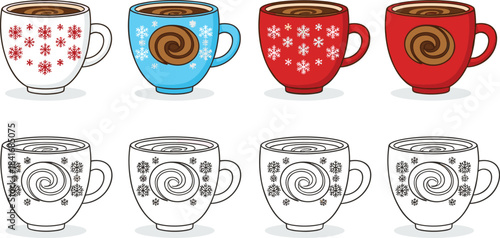 Festive winter coffee cup illustration set with snowflake patterns and swirl designs, perfect for holiday artwork, cafe branding, and seasonal decor
