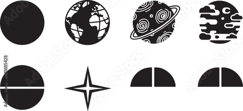 Versatile black and white vector icon collection featuring celestial objects and abstract graphic elements for design