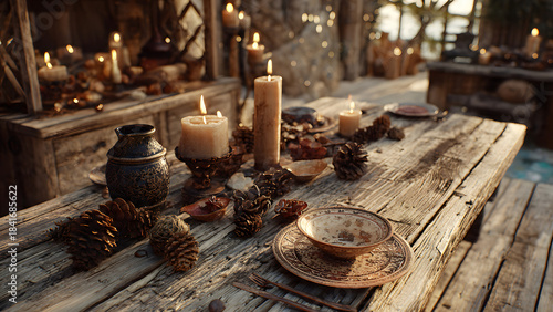 Candlelit Feast: A rustic wooden table adorned with flickering candles, serving ware, and natural elements, creates a warm, inviting atmosphere, perfect for a cozy gathering.