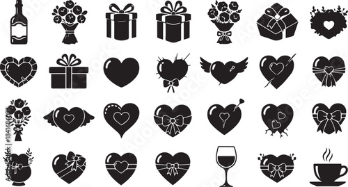 Collection of black silhouette icons depicting gifts hearts and celebratory objects