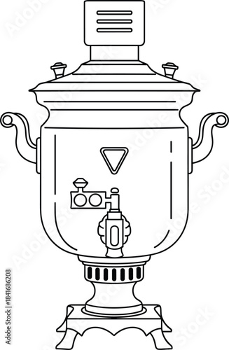 Classic samovar line art illustration with ornate handles and detailed spout, ideal for traditional tea culture designs and antique graphics