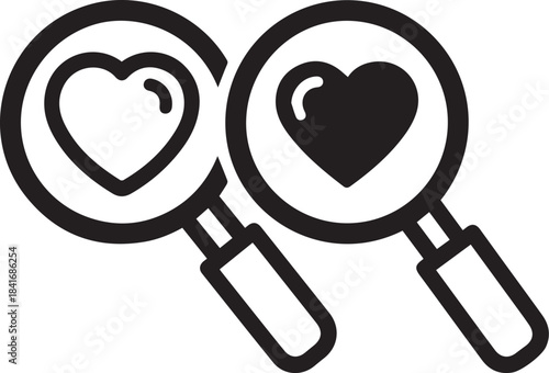 Two magnifying glasses examining hearts symbolizing love and careful consideration