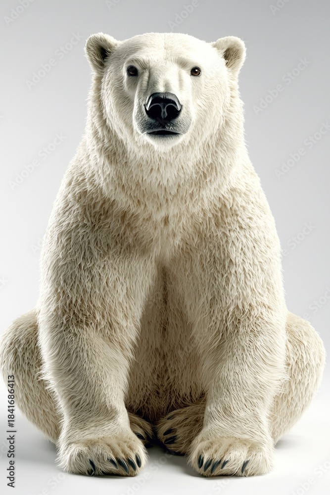 Fototapeta premium Large, furry polar bear sitting upright, looking directly at the viewer