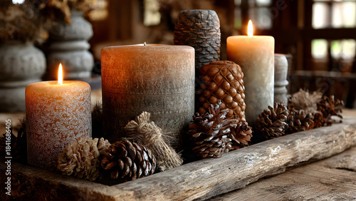Candlelit Ambiance: Warm glow emanates from assorted candles, nestled amidst pinecones and rustic decor, creating a cozy and inviting atmosphere.