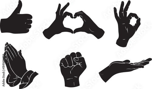 Black silhouette hand gestures depicting various signs and emotions on a white background