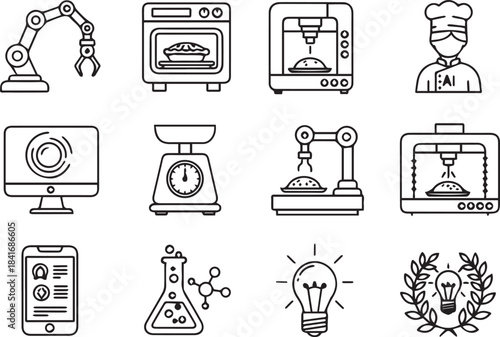 Icons Representing Technology, Innovation, Science, and Automation in Various Industries