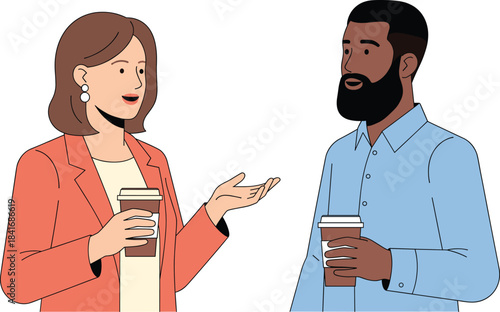 Two people having a friendly conversation while holding coffee cups, perfect for business communication, teamwork concepts, and modern illustrations