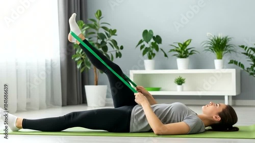 Woman exercising with resistance band on yoga mat at home with plants