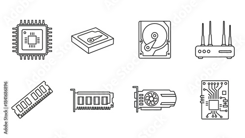 Computer hardware icons set processor hard drive memory graphics card