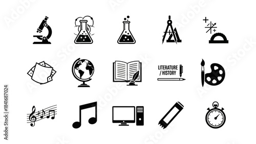 Educational icons representing science literature music and technology concepts