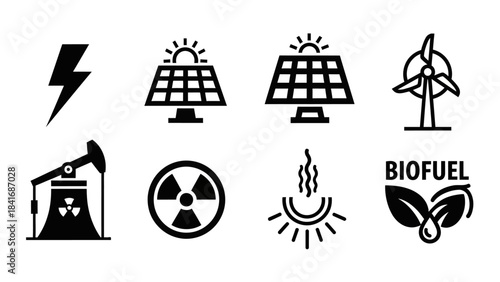 Energy sources icons solar panels wind turbine oil pump and biofuel symbols
