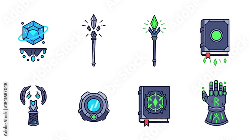 Fantasy icon set crystals staffs books and runed gauntlet vector illustration