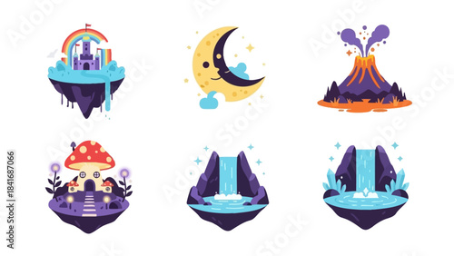Fantasy island landscapes illustrations of floating islands moon volcano and waterfalls