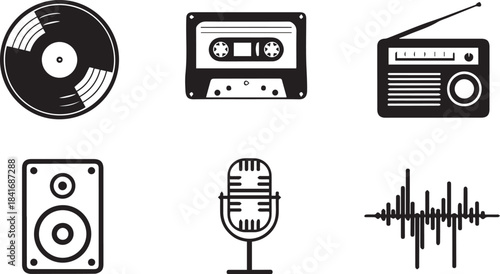 Vintage audio and music icons featuring a record, cassette, radio, speaker, mic, and waveform