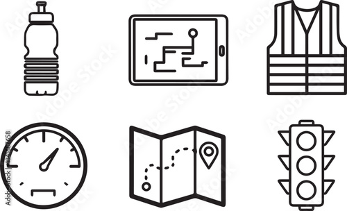Set of icons representing travel, navigation, and safety a water bottle, GPS, vest, speedometer, map, and traffic light