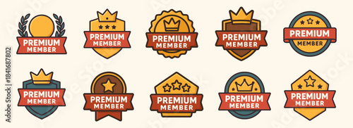 Premium badge collection displays colorful emblem shapes for membership and rewards. The set includes shields, circles, stars, crowns