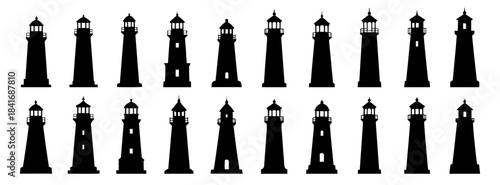 Lighthouse silhouettes architectural collection with tall vertical forms and coastal tower shapes. Highlights windows, railings, lantern rooms, tapered bases