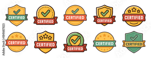 Certified badges illustrated in a clean colorful style with stars, shields and check marks. Each emblem shows a variation of certification ribbons and decorative shapes