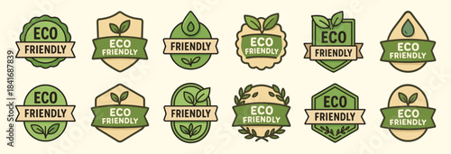 Eco friendly badges featuring leaves, shields and round emblems in natural green tones. Each icon emphasizes environmental care through clean organic shapes