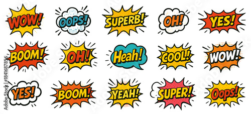 Comic bubbles popart collection featuring expressive speech bursts. Shows phrases like wow, cool, boom, yes