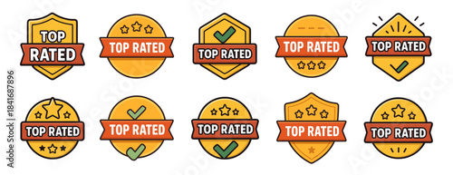 Top rated badges colorful collection with bright circular and shield shapes. Highlights stars, checkmarks, ribbons, award icons