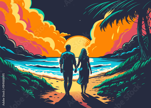 Romantic Couple Walking on Beach at Sunset Golden Hour