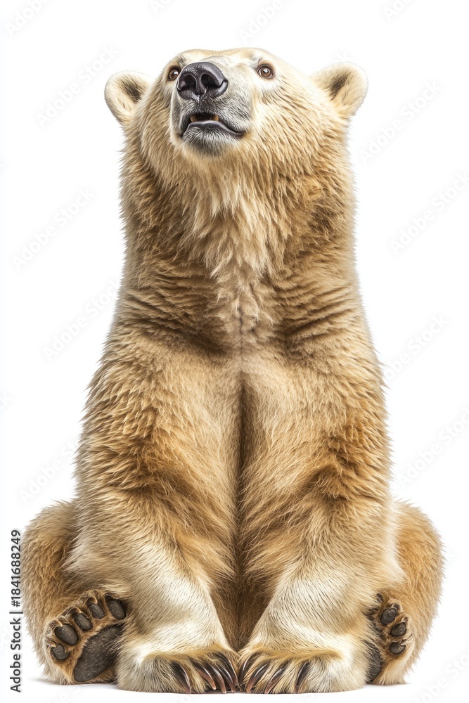 Fototapeta premium Polar bear sitting upright, looking up, isolated on a clean white background