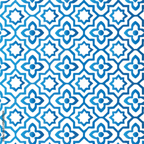 A repeating geometric pattern of interlocking quatrefoil and star shapes in shades of blue and teal on a white background.