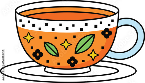 Cute vector illustration of a warm, decorated tea cup filled with herbal infusion, featuring leaves, flowers, and bright stars in a trendy flat cartoon style