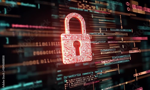 Digital padlock glowing red with binary code and data streams representing cybersecurity and data protection concepts