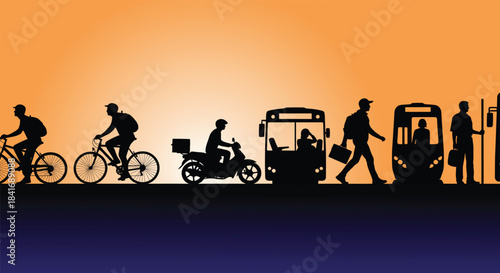 Vibrant urban commute showcases diverse eco-friendly transport options for daily travel